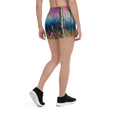 Berge, See, pinke Bäume und Blumen - Malerei - Shorts (All-Over Print) berge xxx