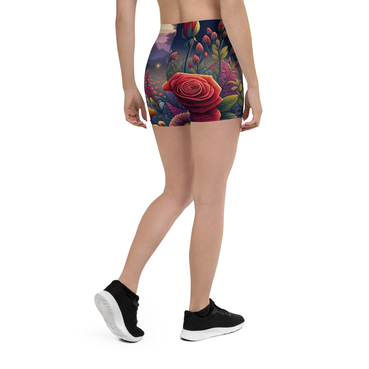 Skurriles Blumenfeld in Dämmerung, farbenfrohe Rosen, Lilien, Ringelblumen - Shorts (All-Over Print) camping xxx yyy zzz