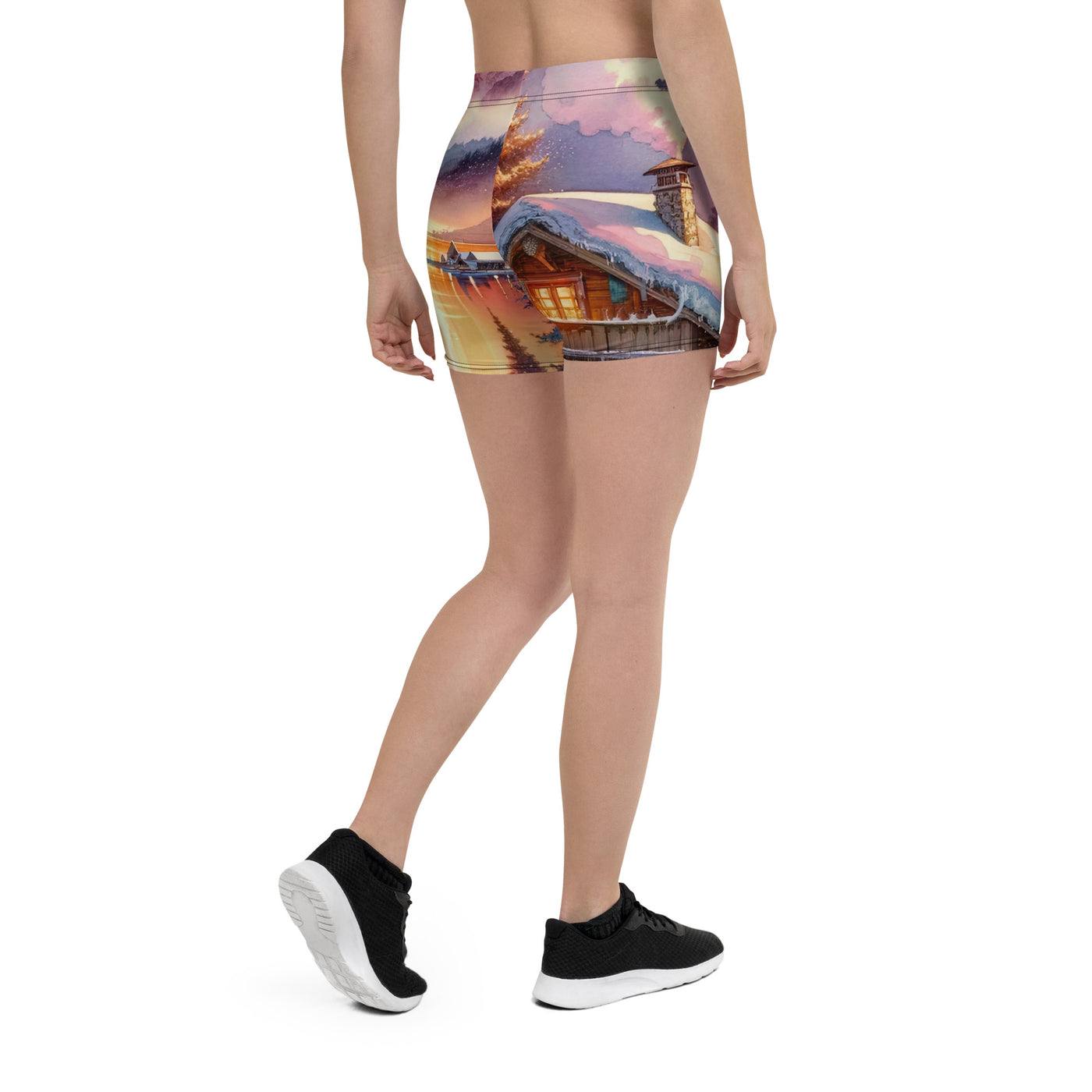 Aquarell eines Alpenpanoramas mit Wanderern bei Sonnenuntergang in Rosa und Gold - Shorts (All-Over Print) wandern xxx yyy zzz