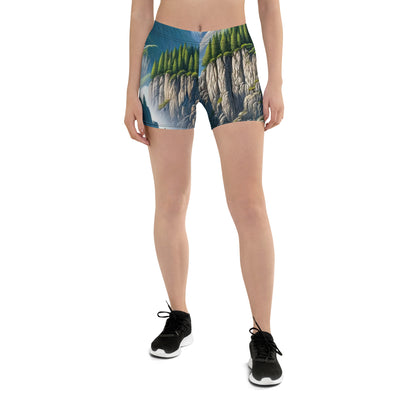 Illustration einer unberührten Alpenkulisse im Hochsommer. Wasserfall und See - Shorts (All-Over Print) berge xxx yyy zzz 3XL