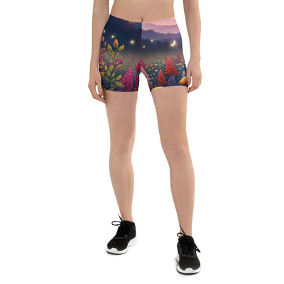 Skurriles Blumenfeld in Dämmerung, farbenfrohe Rosen, Lilien, Ringelblumen - Shorts (All-Over Print) camping xxx yyy zzz 3XL