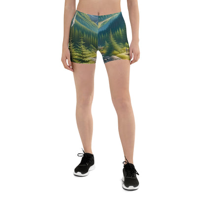 Ölgemälde der Alpensommerlandschaft mit Zelt, Gipfeln, Wäldern und Bächen - Shorts (All-Over Print) camping xxx yyy zzz 3XL