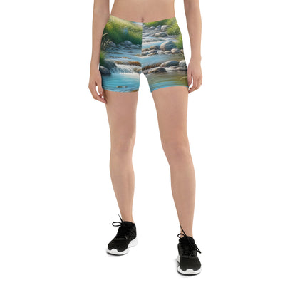 Sanfter Gebirgsbach in Ölgemälde, klares Wasser über glatten Felsen - Shorts (All-Over Print) berge xxx yyy zzz 3XL