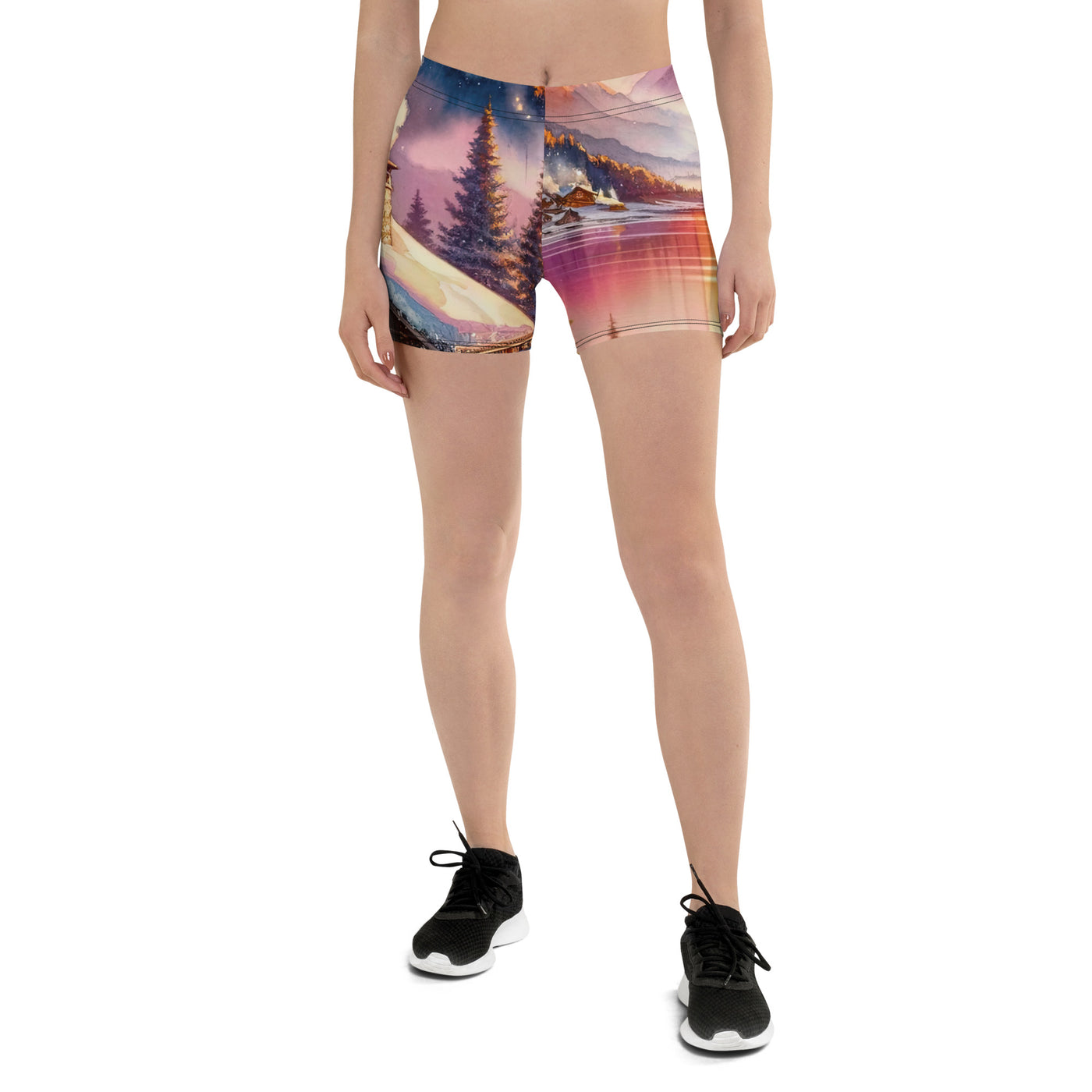 Aquarell eines Alpenpanoramas mit Wanderern bei Sonnenuntergang in Rosa und Gold - Shorts (All-Over Print) wandern xxx yyy zzz 3XL