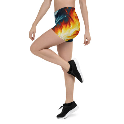 Ölgemälde von Feuer und Eis: Lagerfeuer und Alpen im Kontrast, warme Flammen - Shorts (All-Over Print) camping xxx yyy zzz