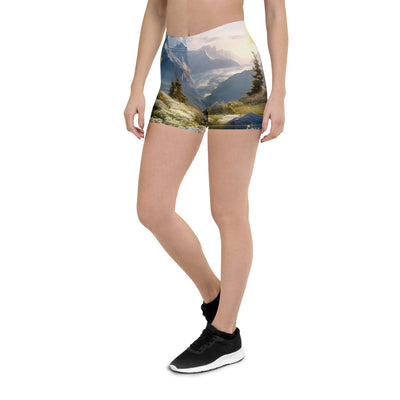 Berglandschaft mit Sonnenschein, Blumen und Bäumen - Malerei - Shorts (All-Over Print) berge xxx