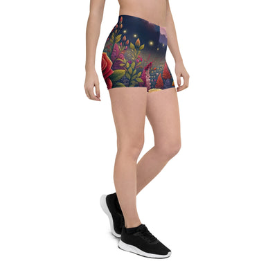 Skurriles Blumenfeld in Dämmerung, farbenfrohe Rosen, Lilien, Ringelblumen - Shorts (All-Over Print) camping xxx yyy zzz