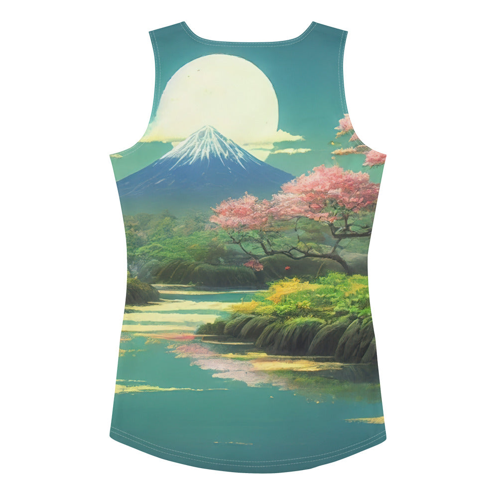 Berg, See und Wald mit pinken Bäumen - Landschaftsmalerei - Damen Tanktop (All-Over Print) berge xxx XL