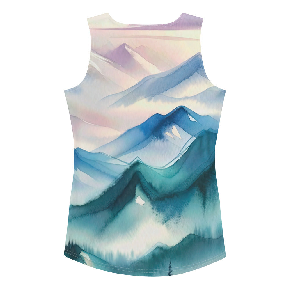 Ein Aquarellgemälde der Alpen in einem sanften, traumhaften Stil. Die Berge werden in Strichen mit Gold wiedergegeben - Damen Tanktop (All-Over Print) berge xxx XL