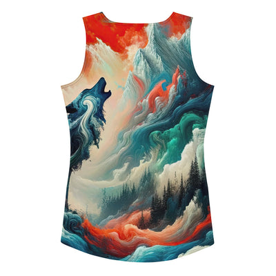 Abstrakte Kunst eines Wolfes in den Alpen mit Mustern aus eisigem Blau und Waldgrün verschmelzen mit feurigen Farben (AN) - All-Over Print xxx yyy zzz XL