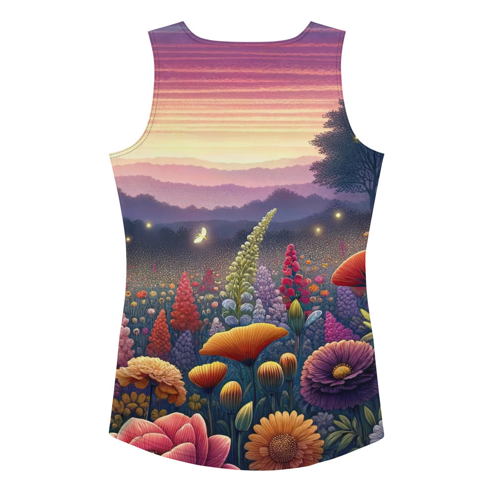 Skurriles Blumenfeld in Dämmerung, farbenfrohe Rosen, Lilien, Ringelblumen - Damen Tanktop (All-Over Print) camping xxx yyy zzz XL