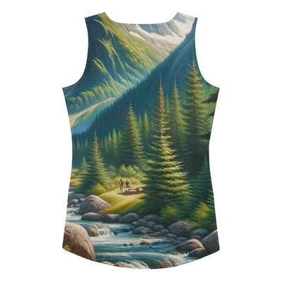 Ölgemälde der Alpensommerlandschaft mit Zelt, Gipfeln, Wäldern und Bächen - Damen Tanktop (All-Over Print) camping xxx yyy zzz