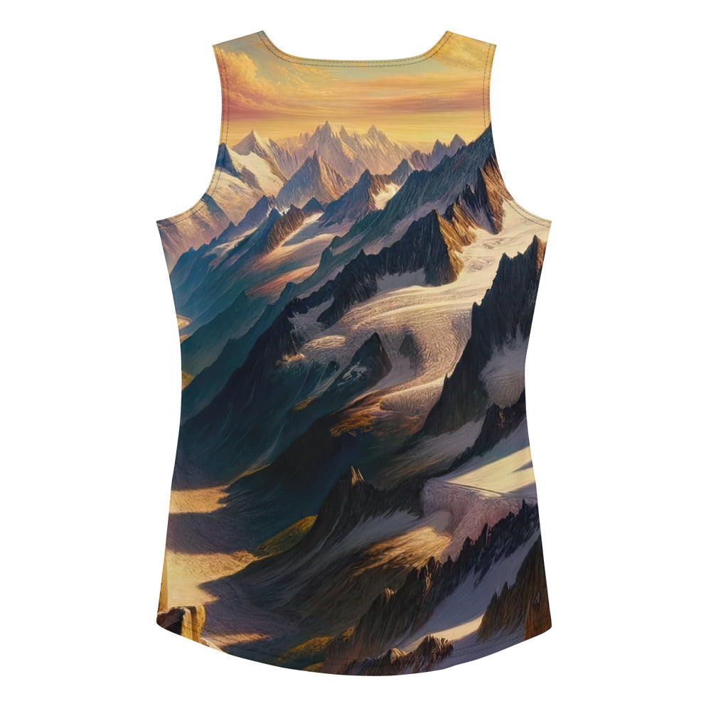 Ölgemälde eines Wanderers auf einem Hügel mit Panoramablick auf schneebedeckte Alpen und goldenen Himmel - All-Over Print Women's Tank wandern xxx yyy zzz XL