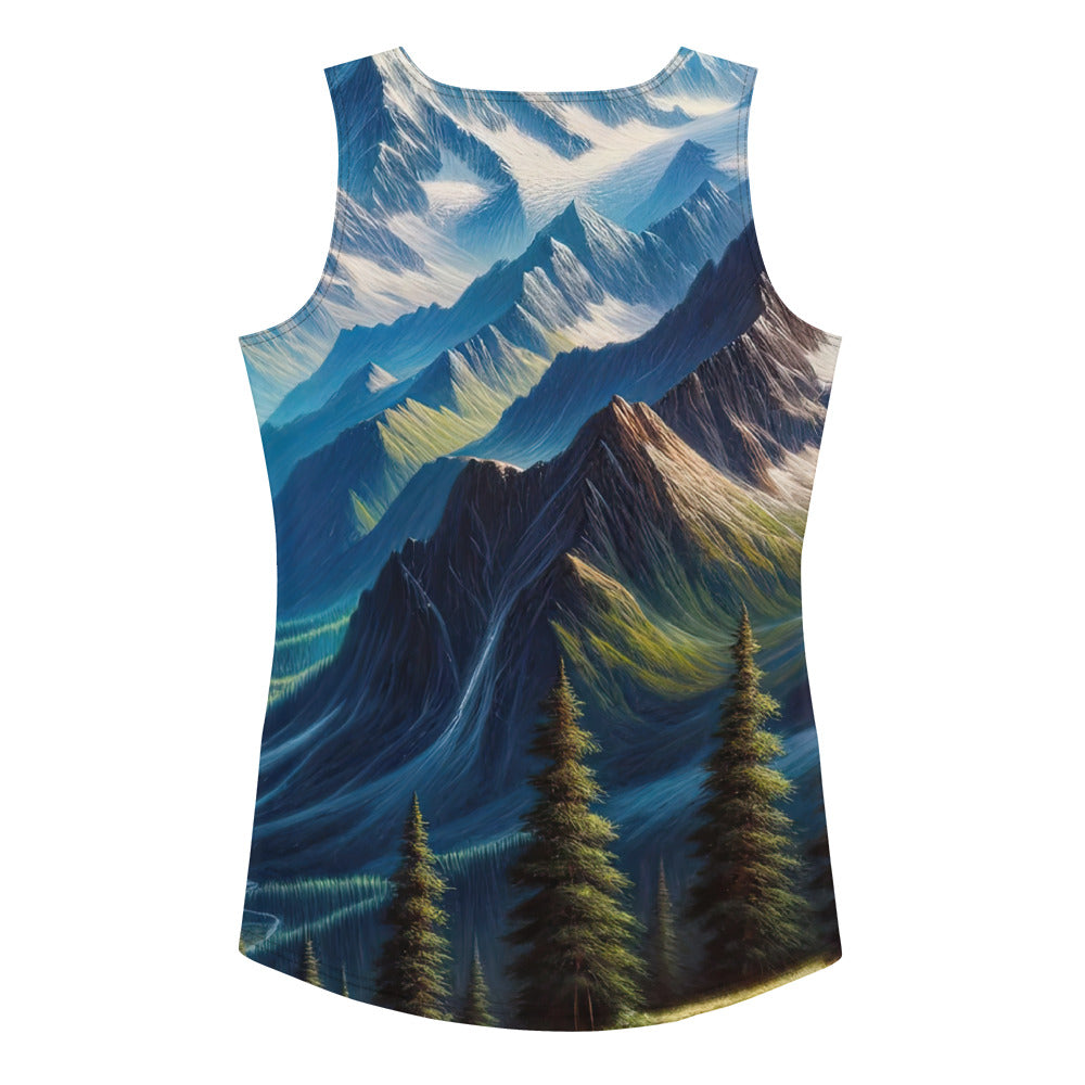 Panorama-Ölgemälde der Alpen mit schneebedeckten Gipfeln und schlängelnden Flusstälern - Damen Tanktop (All-Over Print) berge xxx yyy zzz XL