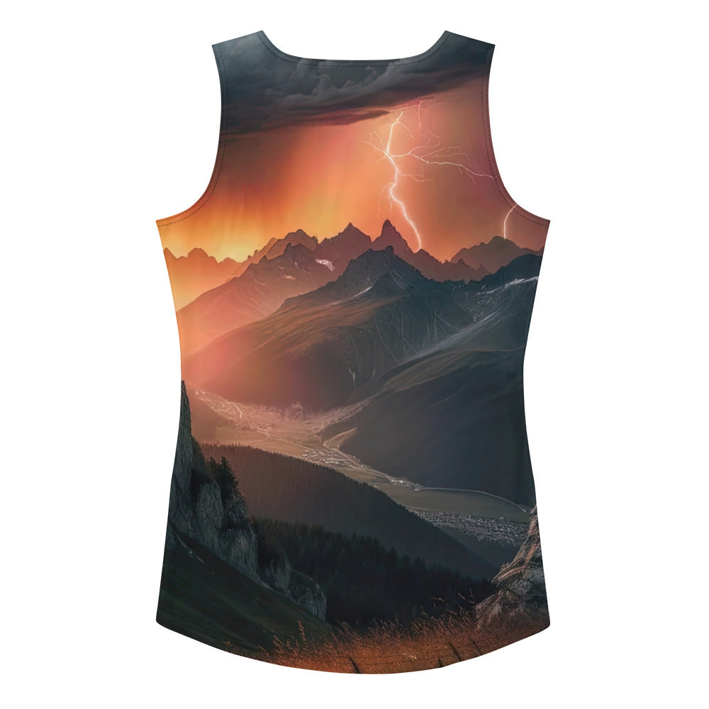 Foto einer Alpenburg bei stürmischem Sonnenuntergang, dramatische Wolken und Sonnenstrahlen - Damen Tanktop (All-Over Print) berge xxx yyy zzz XL