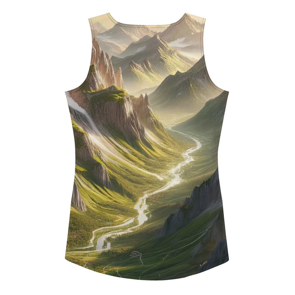 Fotorealistisches Bild der Alpen mit österreichischer Flagge, scharfen Gipfeln und grünen Tälern - Damen Tanktop (All-Over Print) berge xxx yyy zzz XL