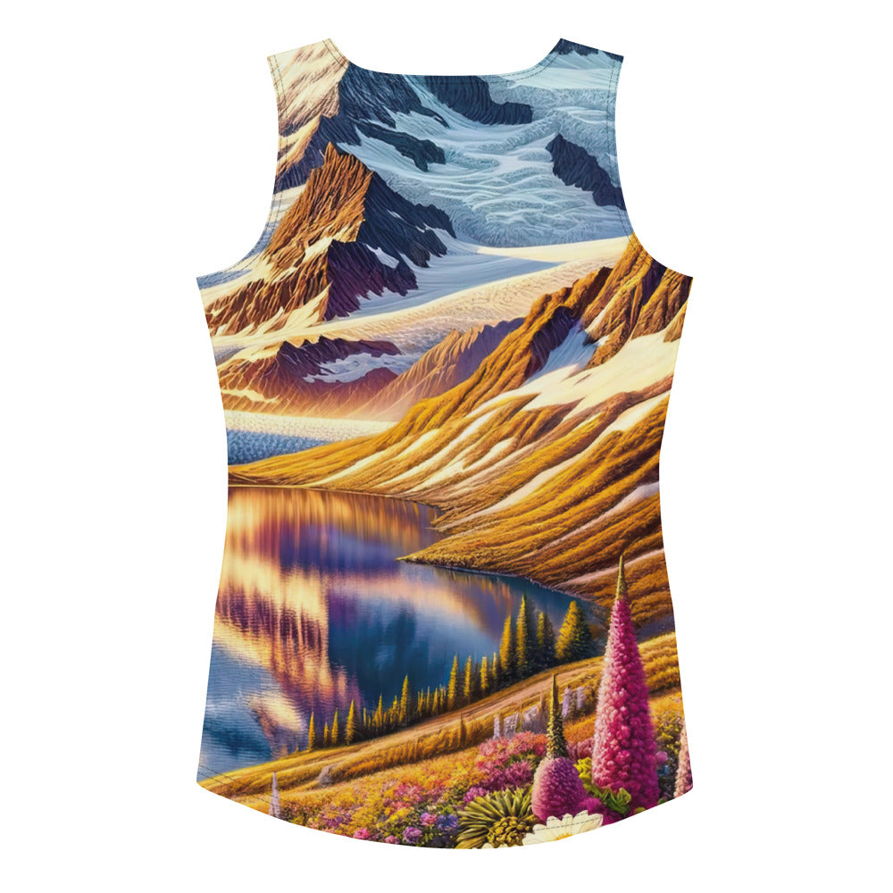 Quadratische Illustration der Alpen mit schneebedeckten Gipfeln und Wildblumen - Damen Tanktop (All-Over Print) berge xxx yyy zzz XL