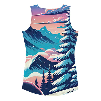 Vektorgrafik eines alpinen Winterwunderlandes mit schneebedeckten Kiefern und einem Fuchs - Damen Tanktop (All-Over Print) camping xxx yyy zzz XL