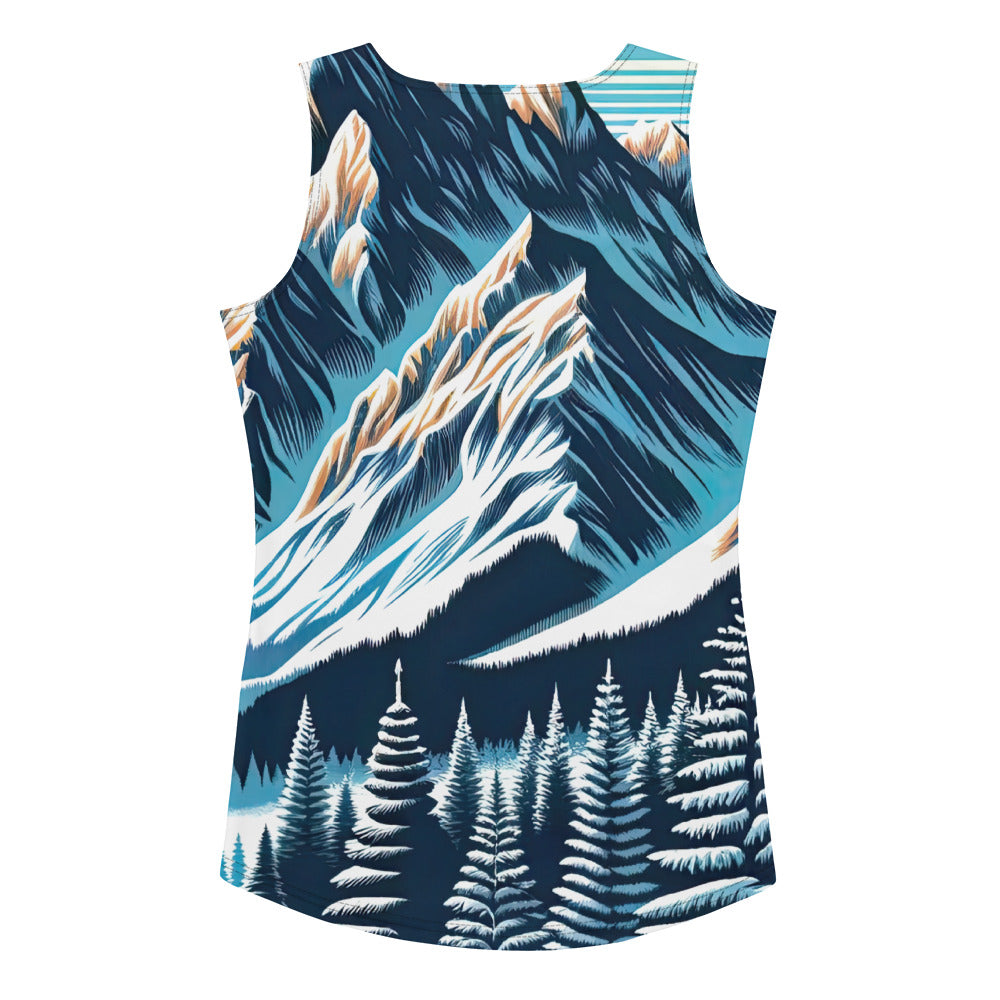 Vektorgrafik eines Wolfes im winterlichen Alpenmorgen, Berge mit Schnee- und Felsmustern - Damen Tanktop (All-Over Print) berge xxx yyy zzz