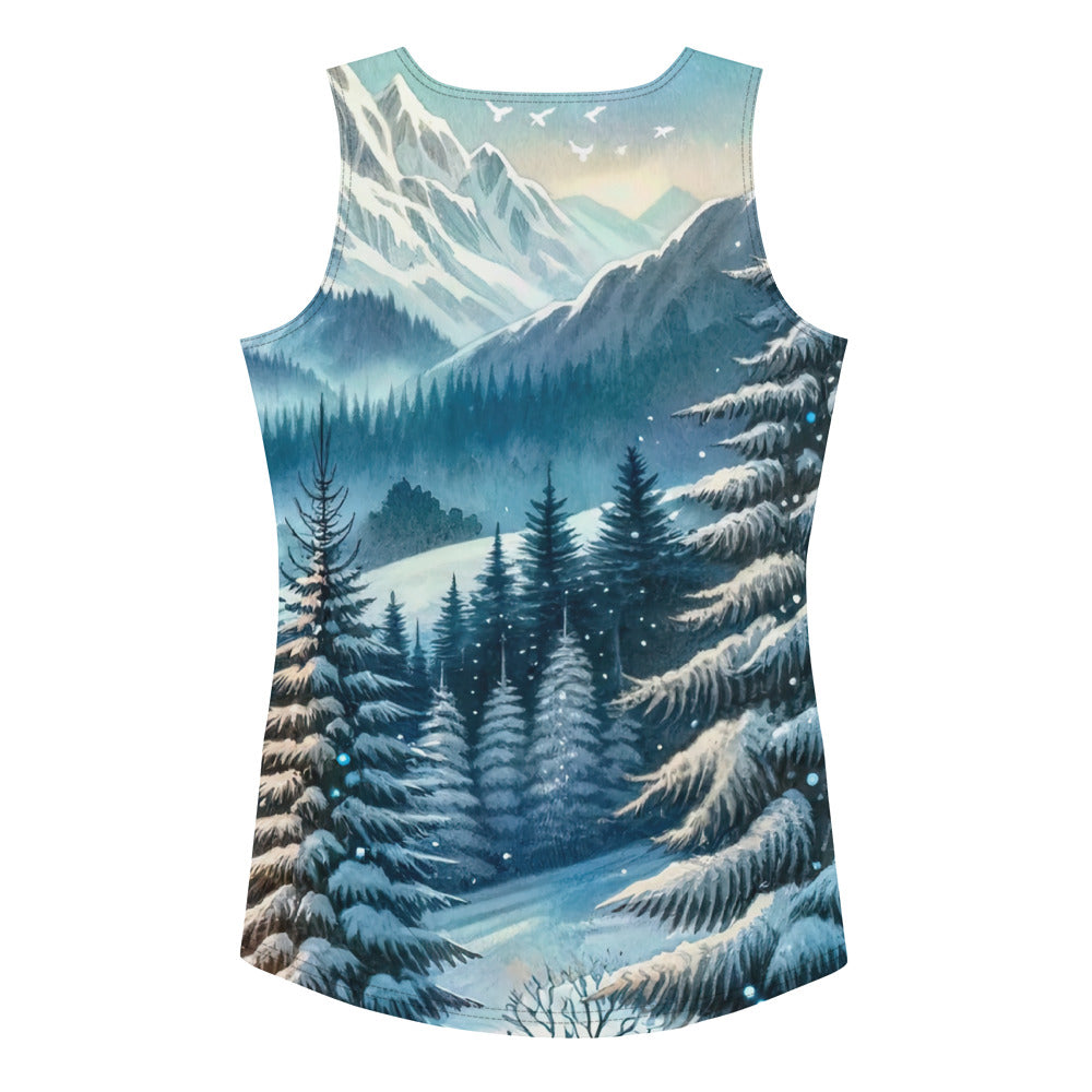 Aquarell eines Winterabends in den Alpen mit Lagerfeuer und Wanderern, glitzernder Neuschnee - Damen Tanktop (All-Over Print) camping xxx yyy zzz