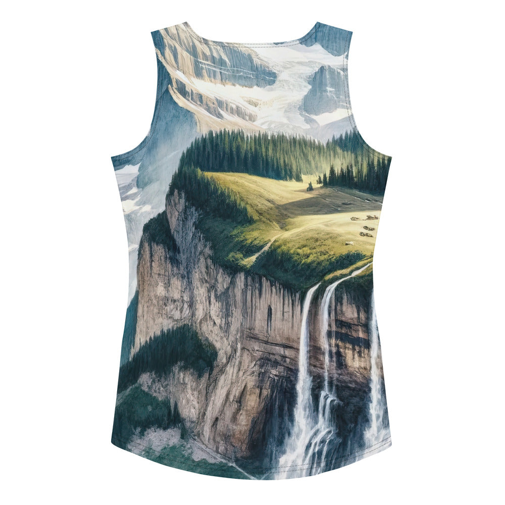 Aquarell-Panoramablick der Alpen mit schneebedeckten Gipfeln, Wasserfällen und Wanderern - Damen Tanktop (All-Over Print) wandern xxx yyy zzz