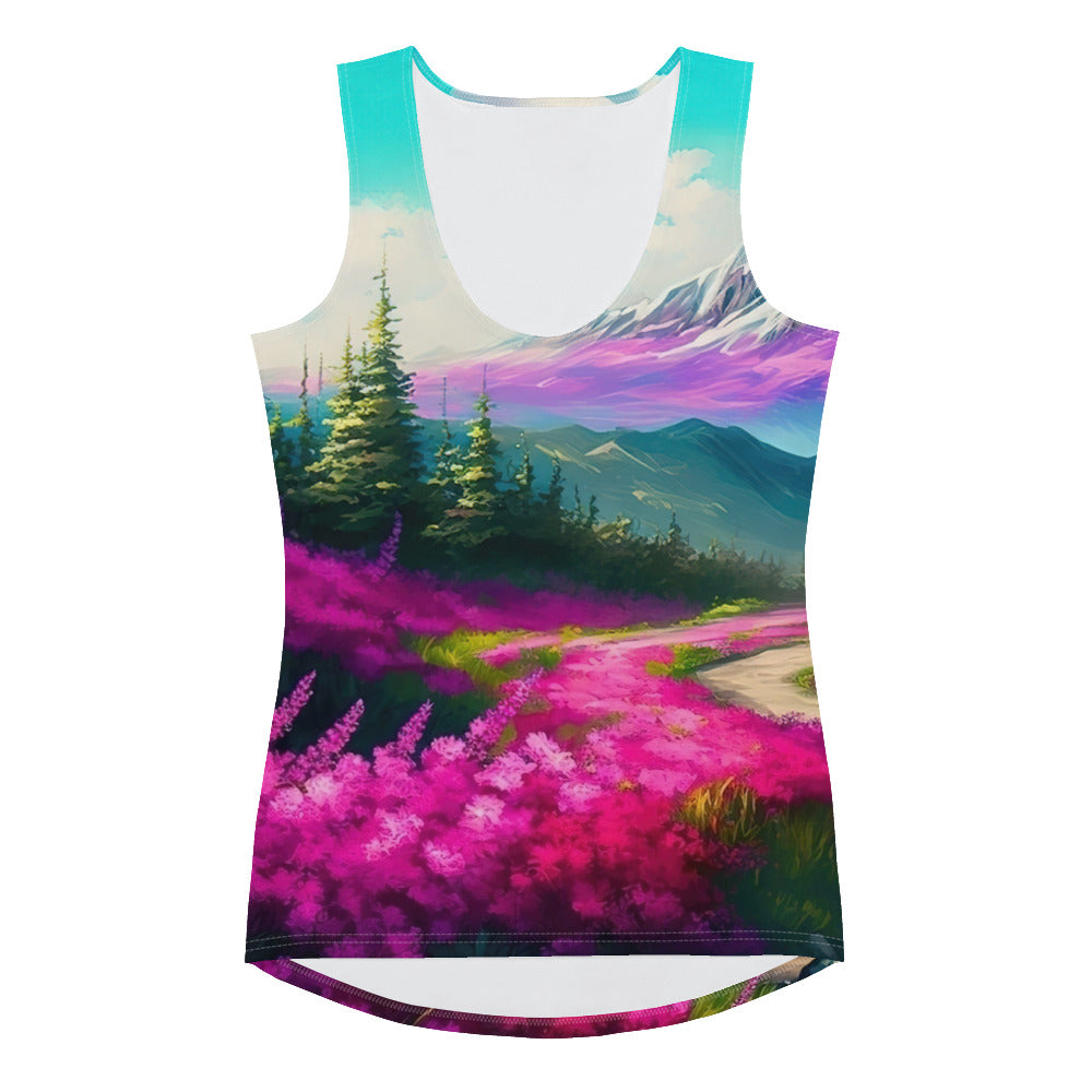 Berg, pinke Blumen und Wanderweg - Landschaftsmalerei - Damen Tanktop (All-Over Print) berge xxx