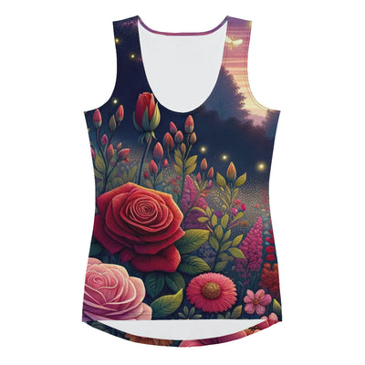 Skurriles Blumenfeld in Dämmerung, farbenfrohe Rosen, Lilien, Ringelblumen - Damen Tanktop (All-Over Print) camping xxx yyy zzz