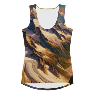 Ölgemälde eines Wanderers auf einem Hügel mit Panoramablick auf schneebedeckte Alpen und goldenen Himmel - All-Over Print Women's Tank wandern xxx yyy zzz