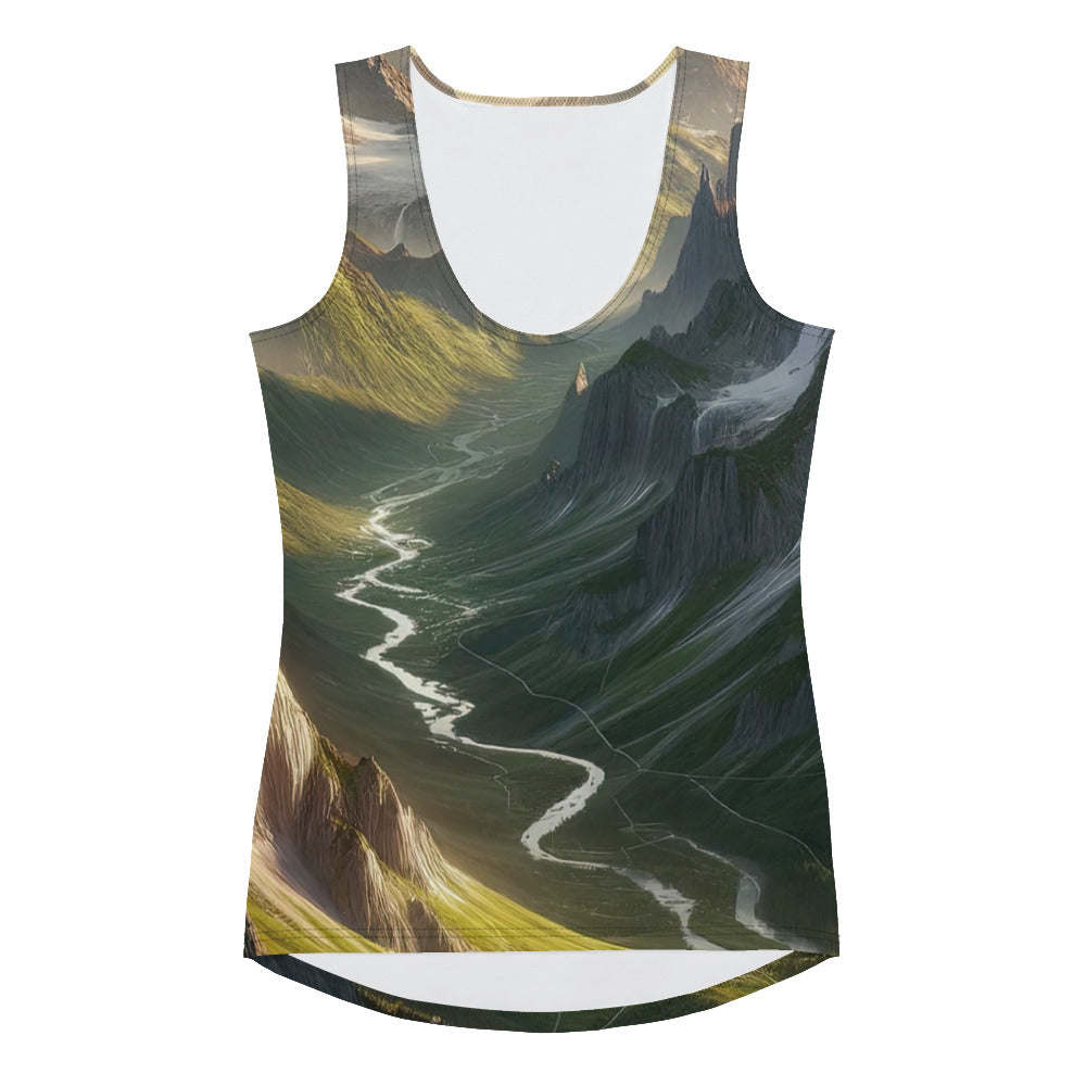 Fotorealistisches Bild der Alpen mit österreichischer Flagge, scharfen Gipfeln und grünen Tälern - Damen Tanktop (All-Over Print) berge xxx yyy zzz