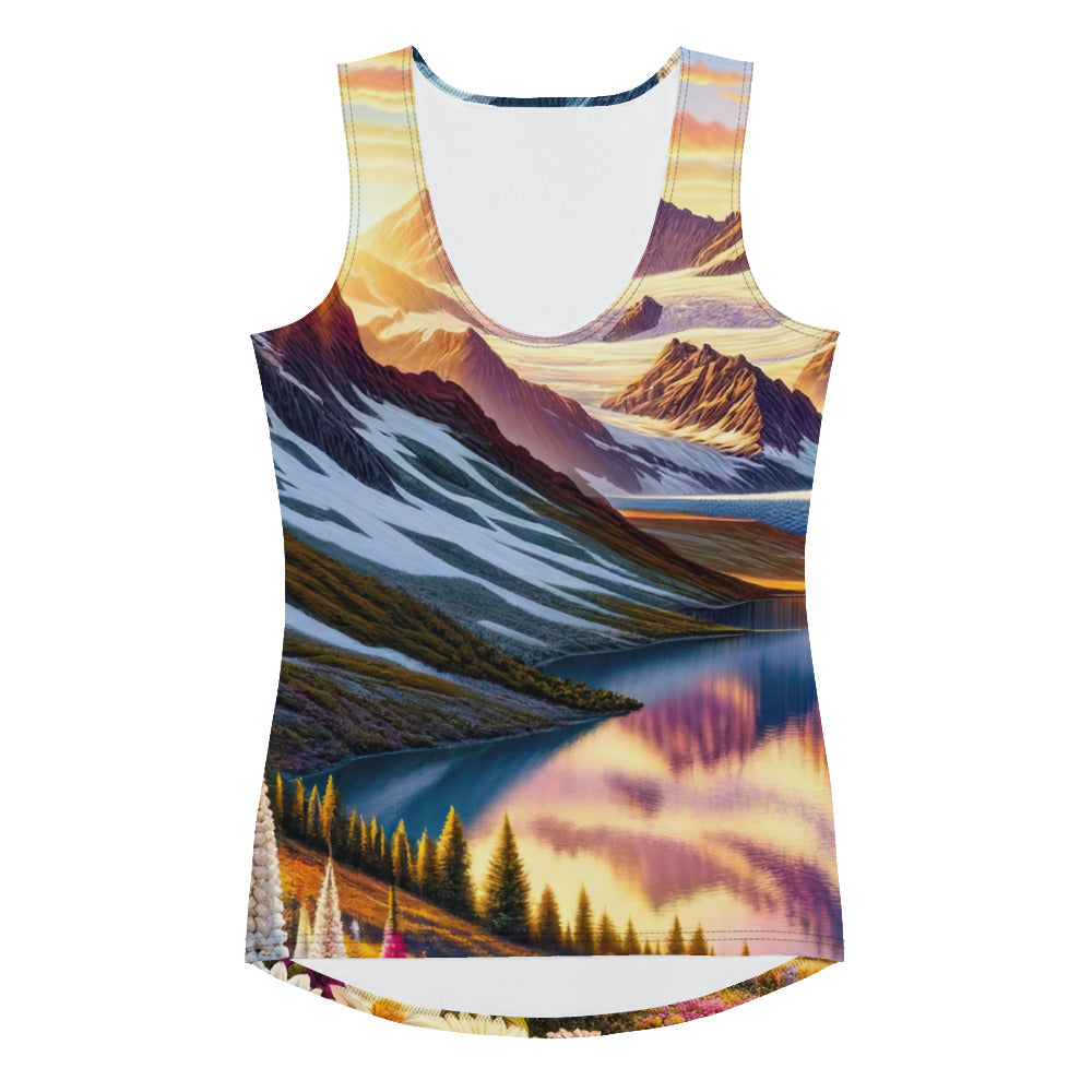 Quadratische Illustration der Alpen mit schneebedeckten Gipfeln und Wildblumen - Damen Tanktop (All-Over Print) berge xxx yyy zzz