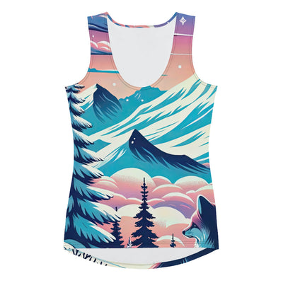 Vektorgrafik eines alpinen Winterwunderlandes mit schneebedeckten Kiefern und einem Fuchs - Damen Tanktop (All-Over Print) camping xxx yyy zzz