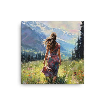 Frau mit langen Kleid im Feld mit Blumen - Berge im Hintergrund - Malerei - Leinwand berge xxx 30.5 x 30.5 cm