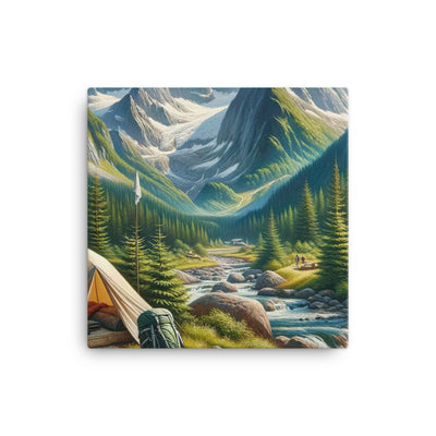 Ölgemälde der Alpensommerlandschaft mit Zelt, Gipfeln, Wäldern und Bächen - Leinwand camping xxx yyy zzz 30.5 x 30.5 cm