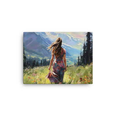 Frau mit langen Kleid im Feld mit Blumen - Berge im Hintergrund - Malerei - Leinwand berge xxx 30.5 x 40.6 cm