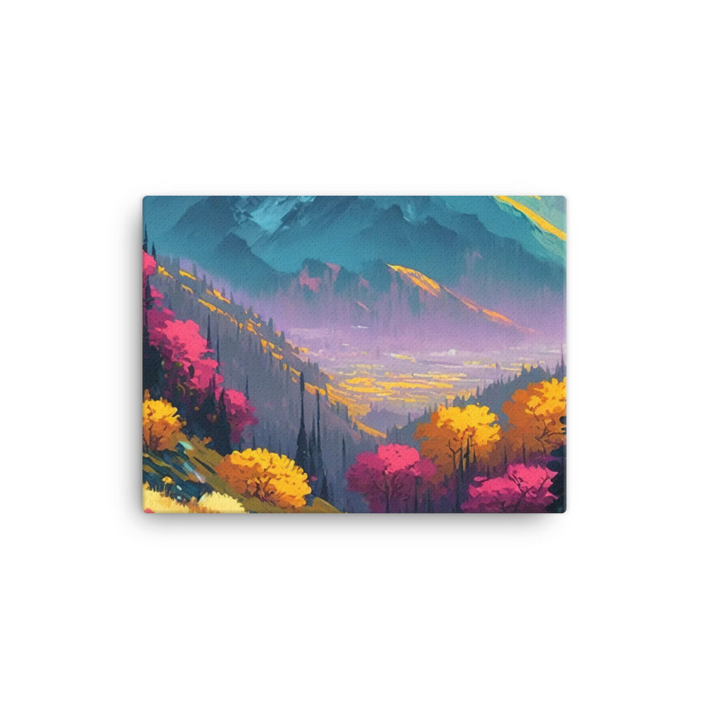 Berge, pinke und gelbe Bäume, sowie Blumen - Farbige Malerei - Leinwand berge xxx 30.5 x 40.6 cm