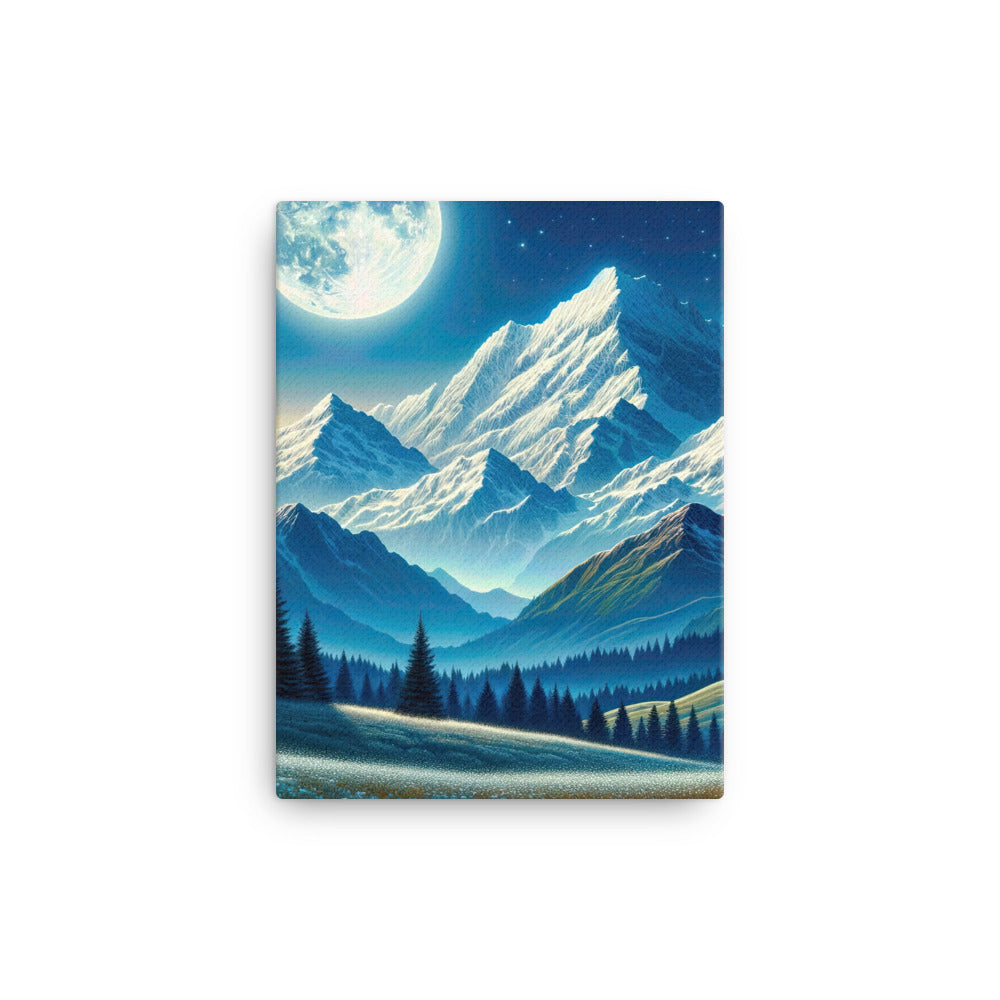 Klare frühlingshafte Alpennacht mit Blumen und Vollmond über Schneegipfeln - Leinwand berge xxx yyy zzz 30.5 x 40.6 cm