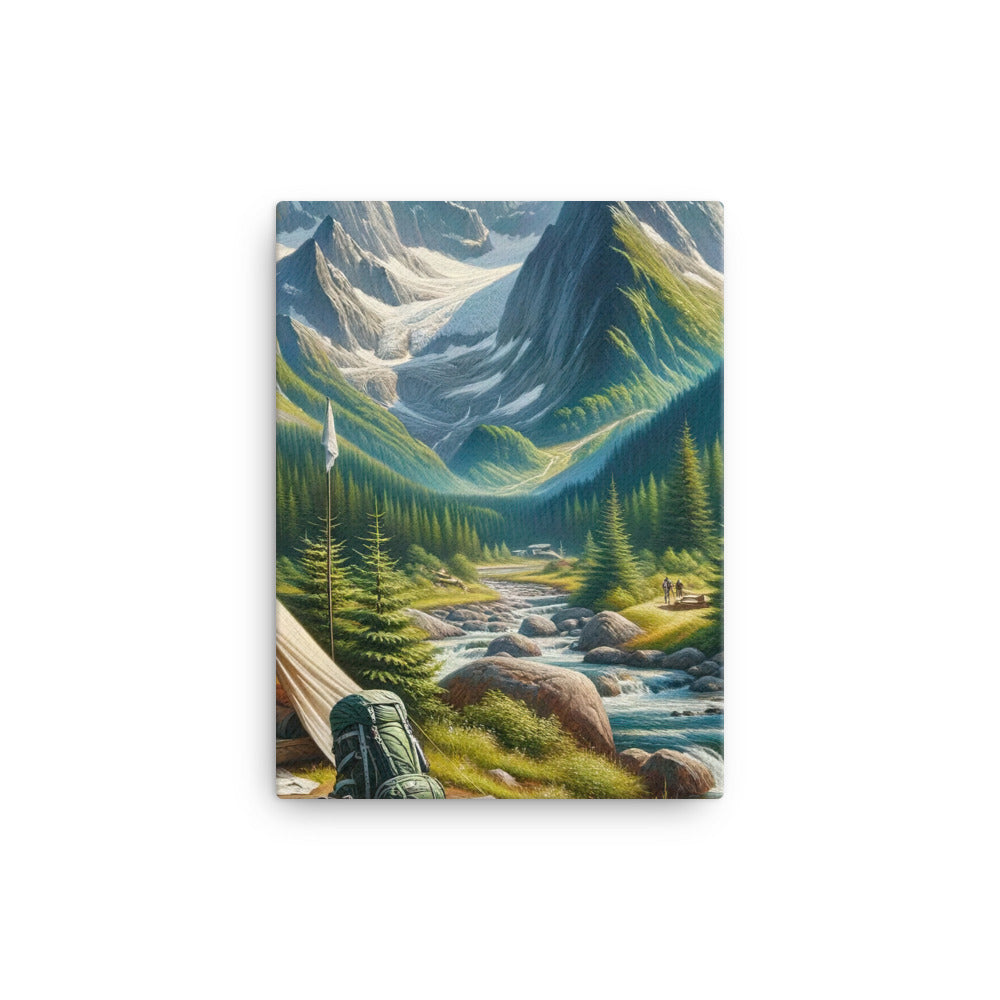 Ölgemälde der Alpensommerlandschaft mit Zelt, Gipfeln, Wäldern und Bächen - Leinwand camping xxx yyy zzz 30.5 x 40.6 cm