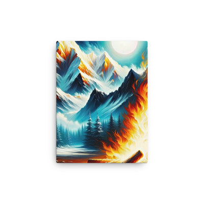 Ölgemälde von Feuer und Eis: Lagerfeuer und Alpen im Kontrast, warme Flammen - Leinwand camping xxx yyy zzz 30.5 x 40.6 cm