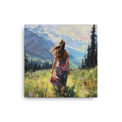 Frau mit langen Kleid im Feld mit Blumen - Berge im Hintergrund - Malerei - Leinwand berge xxx 40.6 x 40.6 cm