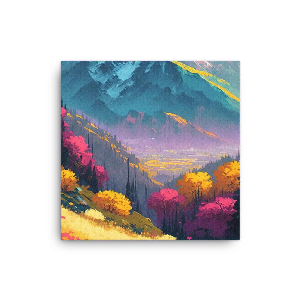 Berge, pinke und gelbe Bäume, sowie Blumen - Farbige Malerei - Leinwand berge xxx 40.6 x 40.6 cm