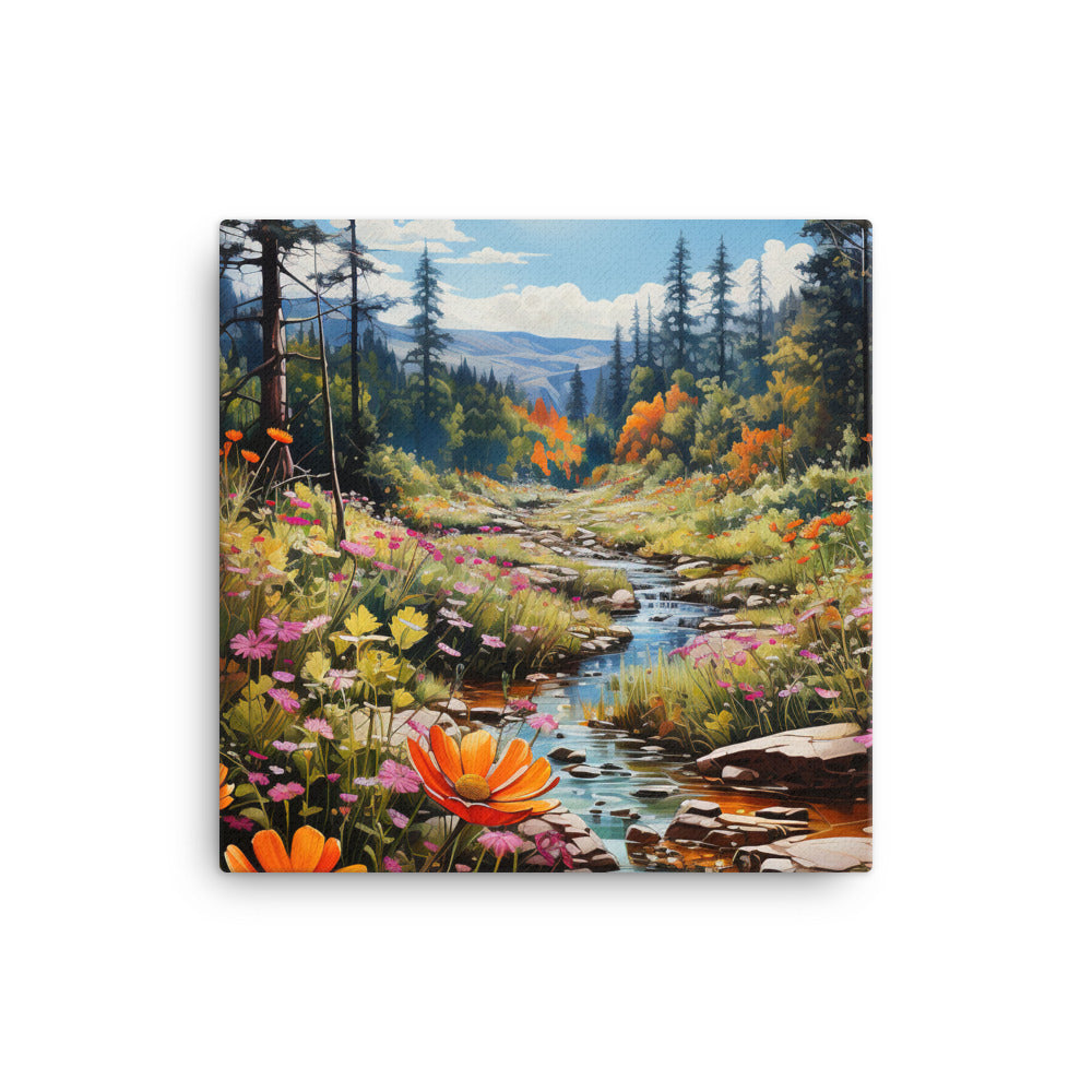 Berge, schöne Blumen und Bach im Wald - Leinwand berge xxx 40.6 x 40.6 cm