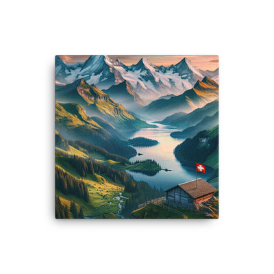 Schweizer Flagge, Alpenidylle: Dämmerlicht, epische Berge und stille Gewässer - Leinwand berge xxx yyy zzz 40.6 x 40.6 cm