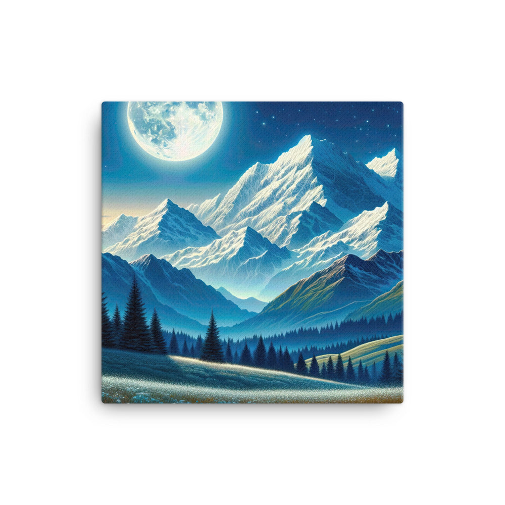 Klare frühlingshafte Alpennacht mit Blumen und Vollmond über Schneegipfeln - Leinwand berge xxx yyy zzz 40.6 x 40.6 cm