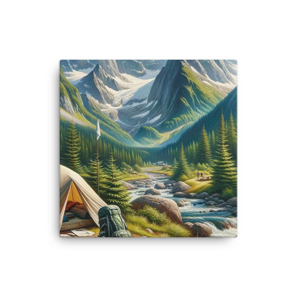 Ölgemälde der Alpensommerlandschaft mit Zelt, Gipfeln, Wäldern und Bächen - Leinwand camping xxx yyy zzz 40.6 x 40.6 cm