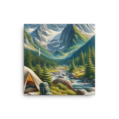 Ölgemälde der Alpensommerlandschaft mit Zelt, Gipfeln, Wäldern und Bächen - Leinwand camping xxx yyy zzz 40.6 x 40.6 cm