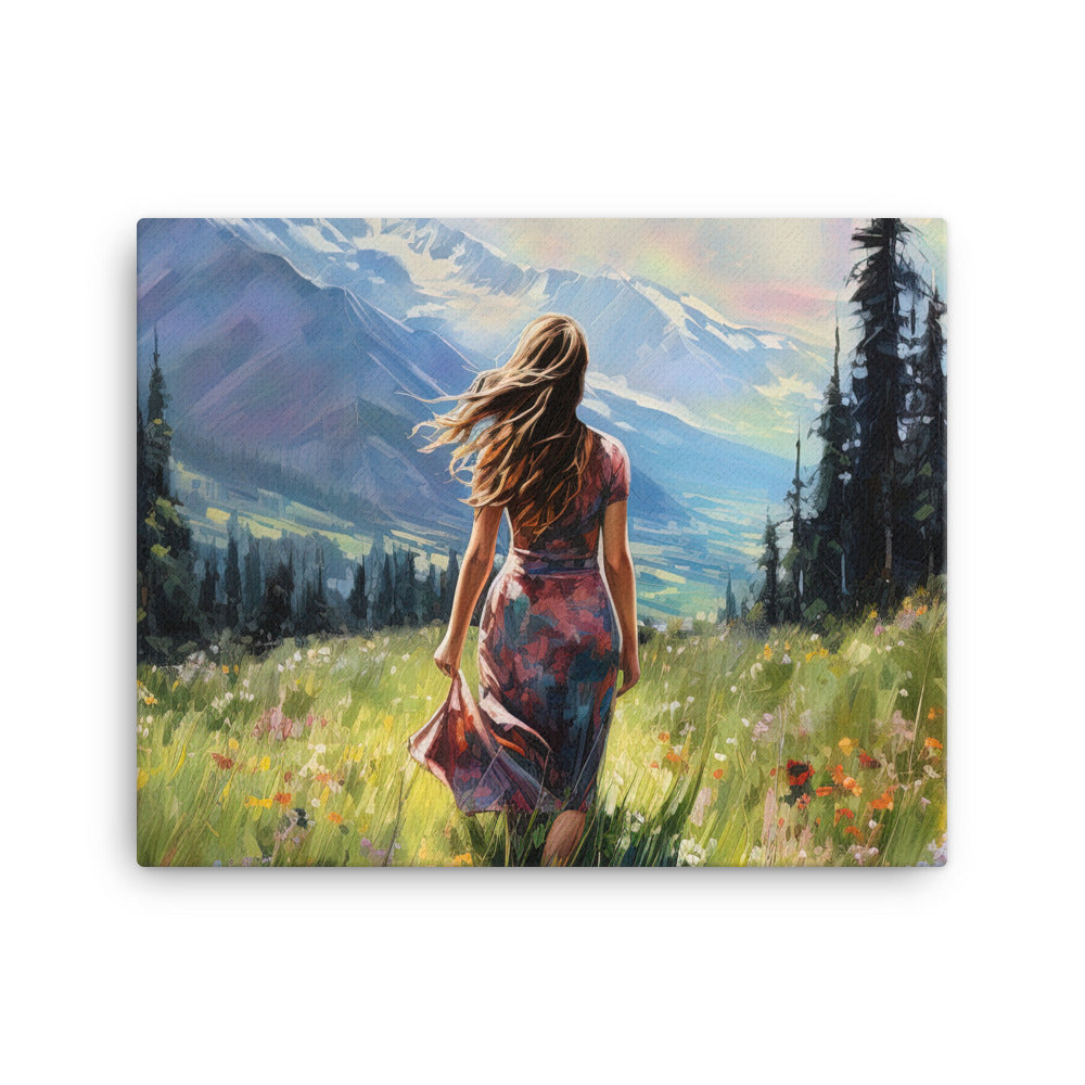 Frau mit langen Kleid im Feld mit Blumen - Berge im Hintergrund - Malerei - Leinwand berge xxx 40.6 x 50.8 cm