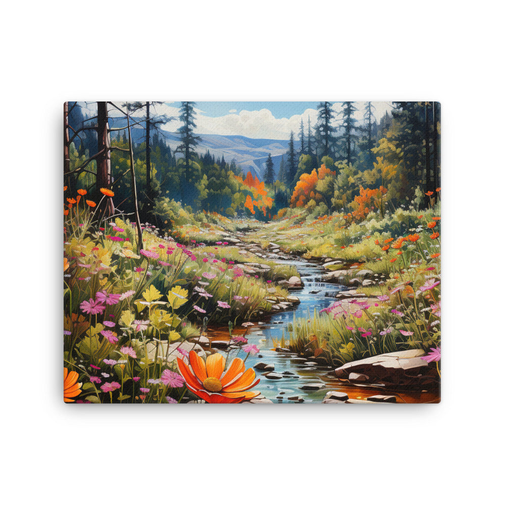 Berge, schöne Blumen und Bach im Wald - Leinwand berge xxx 40.6 x 50.8 cm