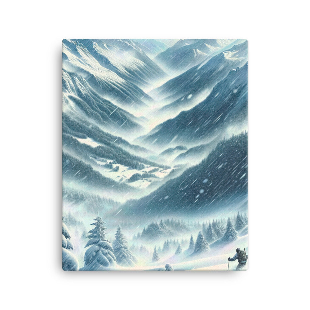 Alpine Wildnis im Wintersturm mit Skifahrer, verschneite Landschaft - Leinwand klettern ski xxx yyy zzz 40.6 x 50.8 cm