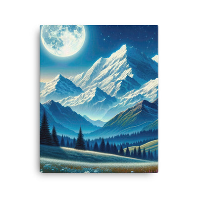 Klare frühlingshafte Alpennacht mit Blumen und Vollmond über Schneegipfeln - Leinwand berge xxx yyy zzz 40.6 x 50.8 cm