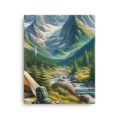 Ölgemälde der Alpensommerlandschaft mit Zelt, Gipfeln, Wäldern und Bächen - Leinwand camping xxx yyy zzz 40.6 x 50.8 cm